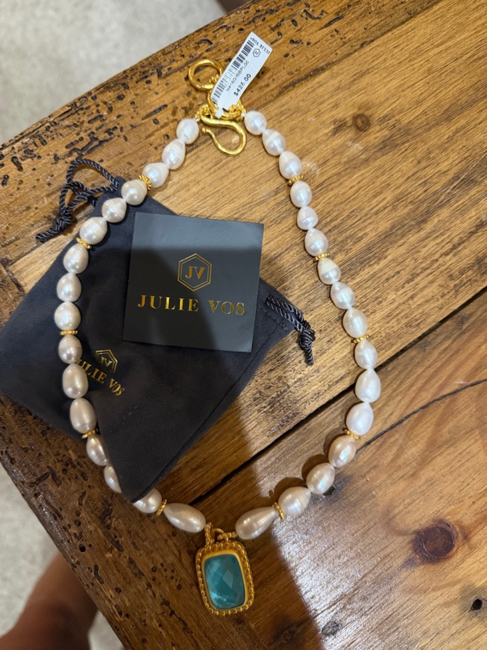 Julie Vos White Pearl Necklace with Blue-Green Stone Pendant